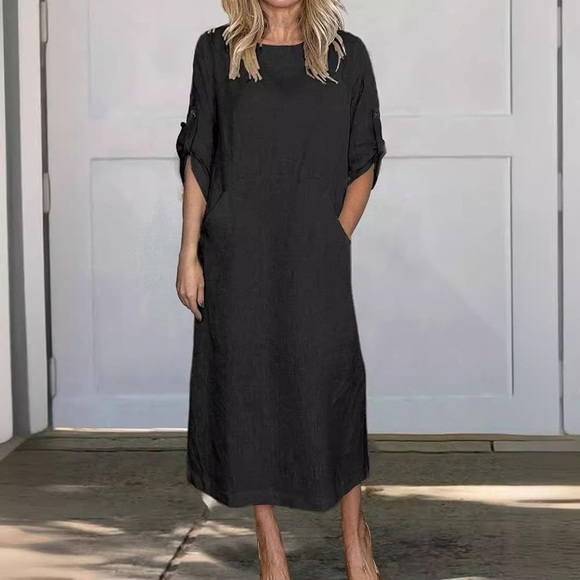 Women’s Casual Roll Up Sleeve Crew Neck Boho Dress with Pockets in black - Picture 1 of 11